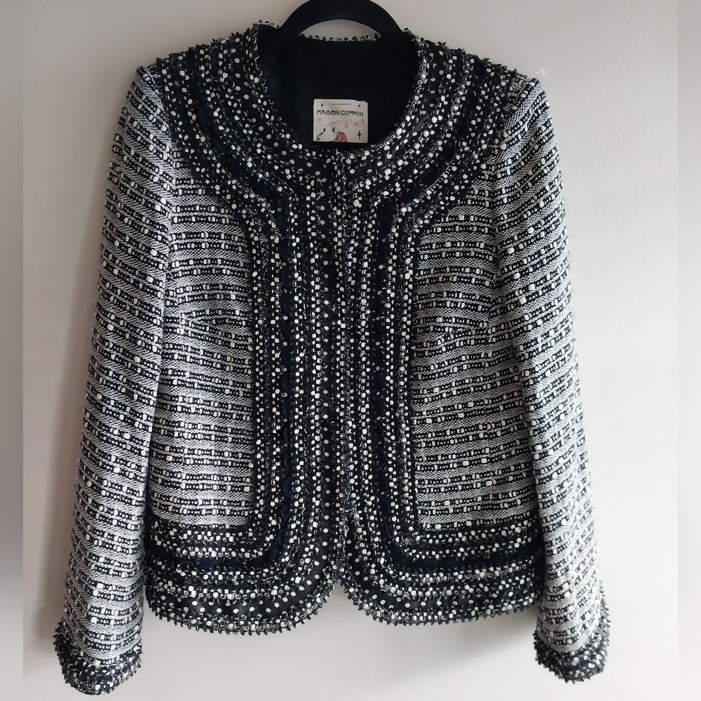 Maison Common Munich Black & White Silk Blend Woven Textured Blazer Jacket